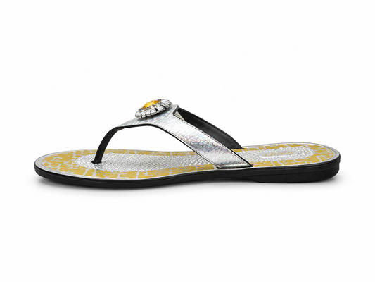 Women's Embellished Comfort Flip Flops – Silver/Yellow